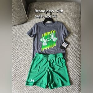 Under Armour Gray Tee with Neon Green Logo and Green Athletic Shorts
